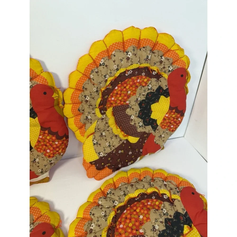 Quilted Turkey Handmade Thanksgiving Decor Placemats Set of 4 Vintage Holiday #2